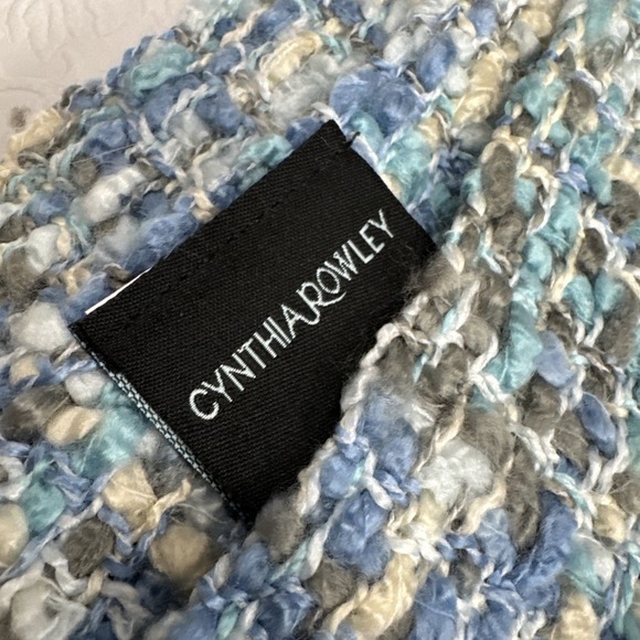 Cynthia Rowley Throw Blue Gray Cream Fringe Woven Knit Soft Warm Cozy - Picture 3 of 12